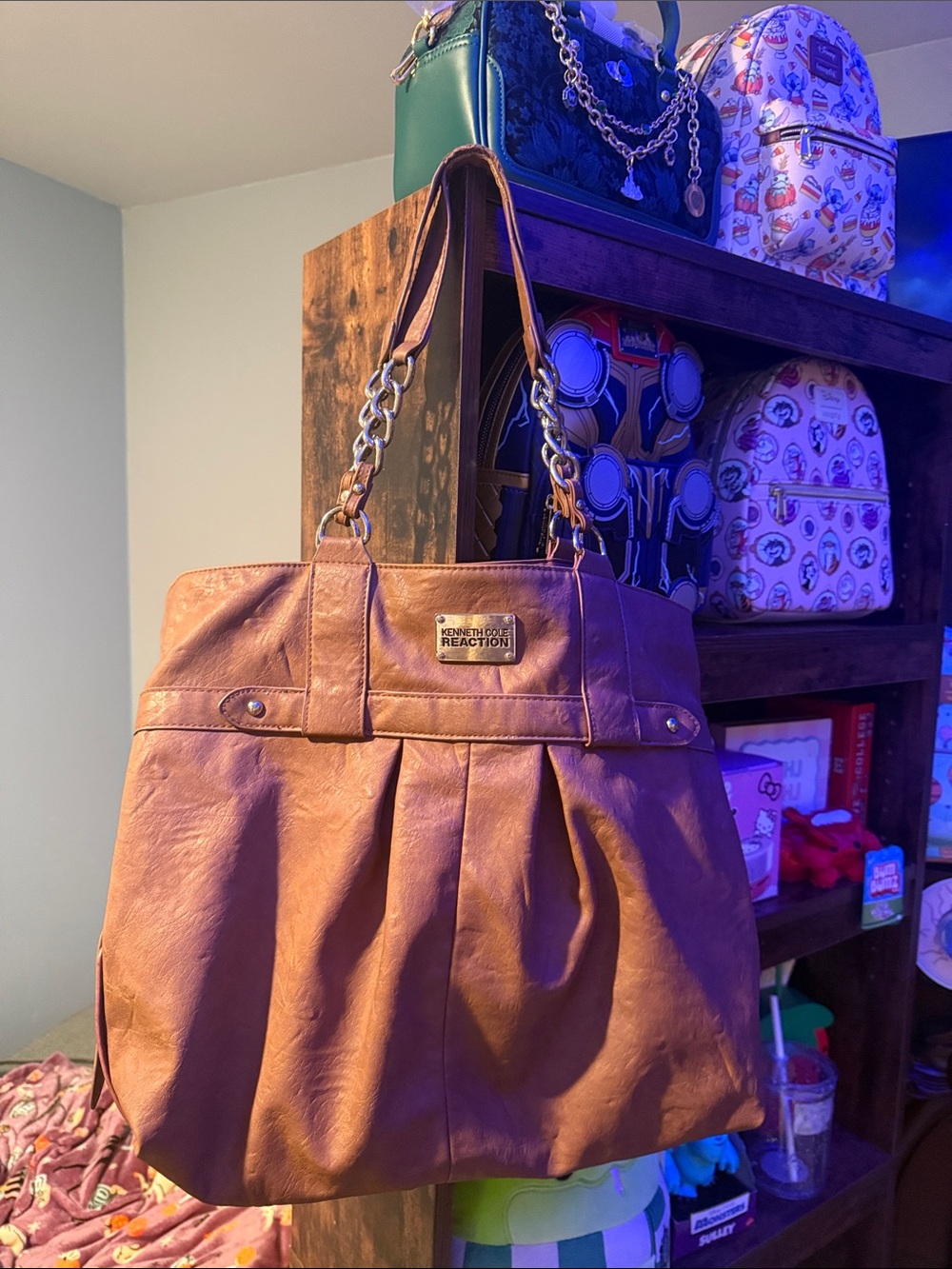 Kenneth Cole Reaction Cognac Brown Shoulder Tote with Chain-Strap Detail